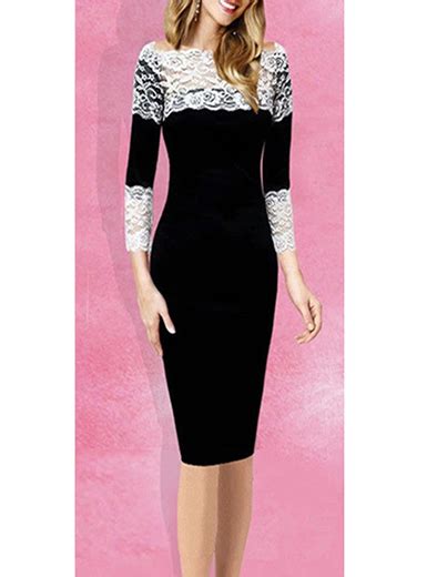 Womens Pencil Skirt Dress Black White Lace Feminine