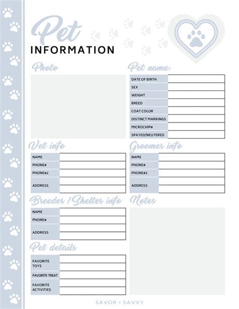 printable pet information sheet template