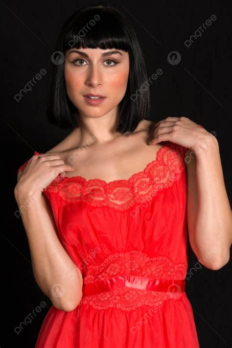 Beautiful Slender Brunette In A Red Dress Photo Background And Picture