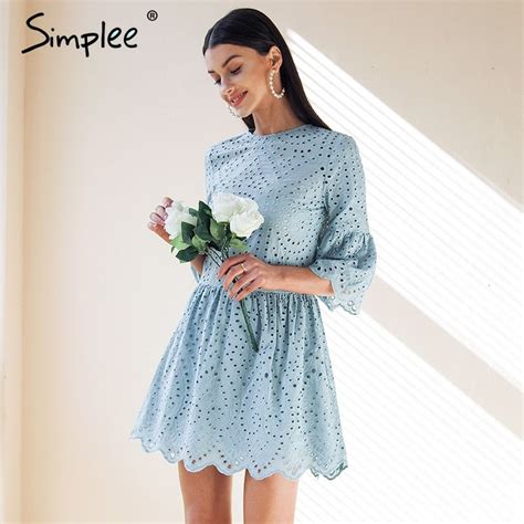 Simplee Cotton Lace Embroidery Mini Dress Women Button Ruffle Sleeve