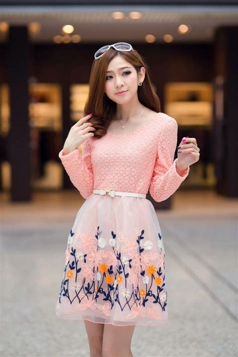 Korean Fashion Organza Lace Pink Dress With Belt Korean Fashion