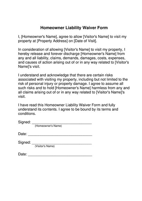 homeowner liability waiver form forms docs