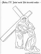 Cross Stations Coloring Pages Station Jesus Mother Meets His Fourth Catholic Sorrowful Colouring Playground Color Print Lenten Drawings Way Kids sketch template