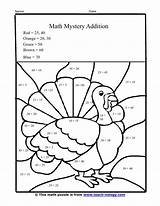 Thanksgiving Math Worksheets Coloring Addition Worksheet Turkey Pages Grade Activities Mystery Printable 2nd Sheets Digit Kids Subtraction Color Second Tommy sketch template