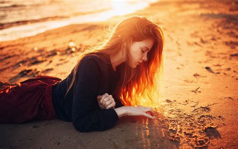 Long Hair Girl Lying On Beach Sunshine Dusk Wallpaper