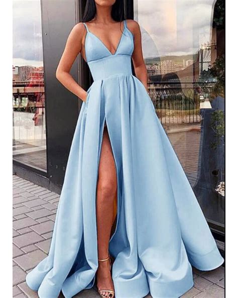 elegant   satin baby blue prom dress   straps ball dress