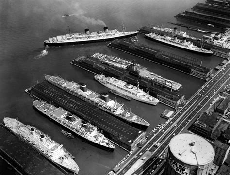 luxury liners flanking  aircraft carrier  piers   west side highway history item