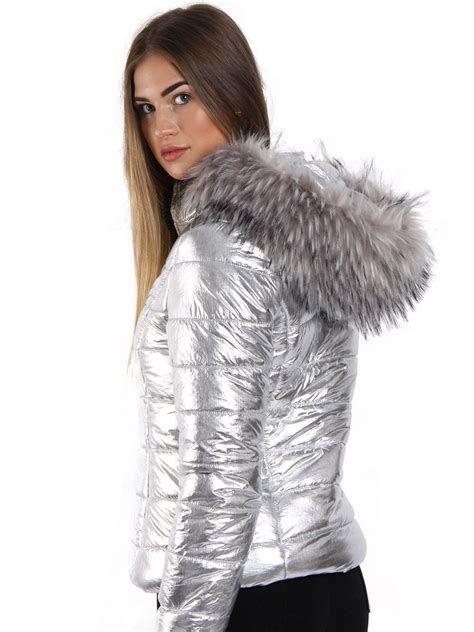 womens puffer jacket wet look bubble faux fur coat size 12 8 10 14 16 6