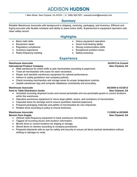 warehouse associate resume  agriculture environment sample
