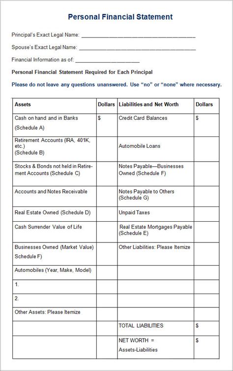 sample personal financial statement templates   ms word