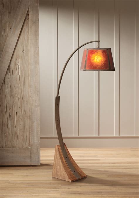 franklin iron works mission arc floor lamp dark rust metal pole oak wooden base natural mica