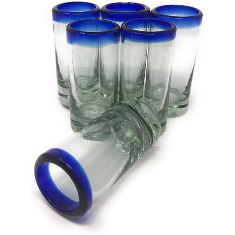 Hand Blown Mexican Tequila Shot Glasses Set Of 6 Cobalt Blue Rim