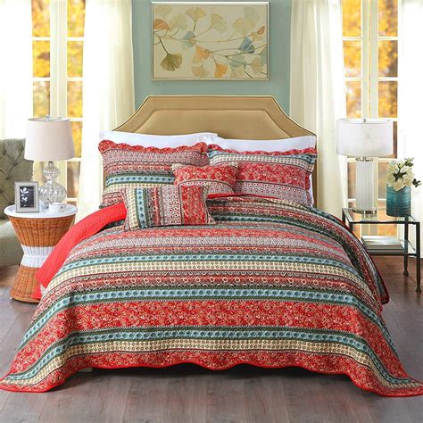 unimall super king size cotton quilted bedspread comforter red stripe patchwork quilt indian