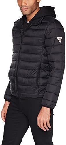 guess men s hooded puffer jacket black l amazon ca clothing