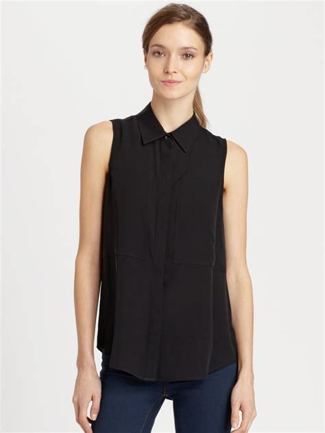 lyst theory duria silk sleeveless blouse  black
