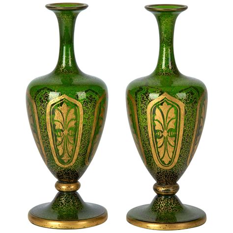 Pair Of 19th Century Moser Gilt Encrusted Green Glass Vases For Sale At