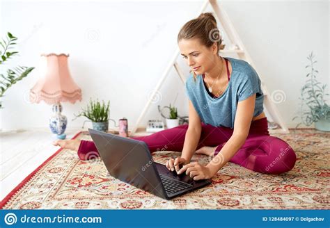 woman  laptop computer  yoga studio stock image image  internet lifestyle