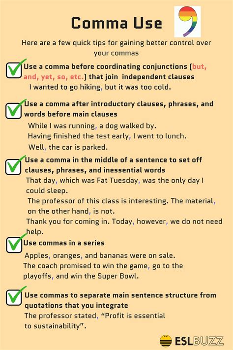 rules  comma usage    commas correctly esl buzz