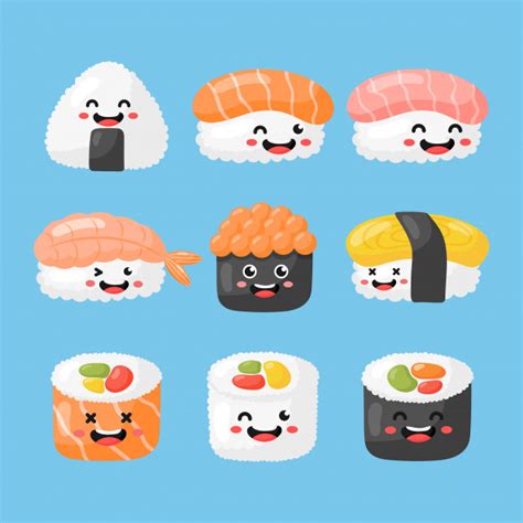Set Of Cute Funny Sushi And Sashimi Cartoon Japanese Food