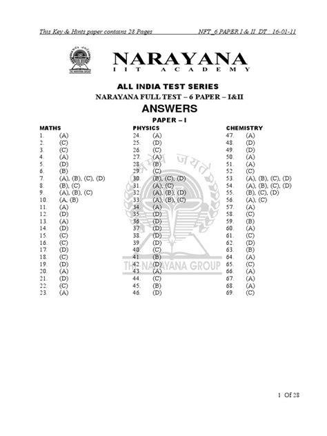 Key And Hints For Narayana Full Test 6 Paper I And Ii Answers With