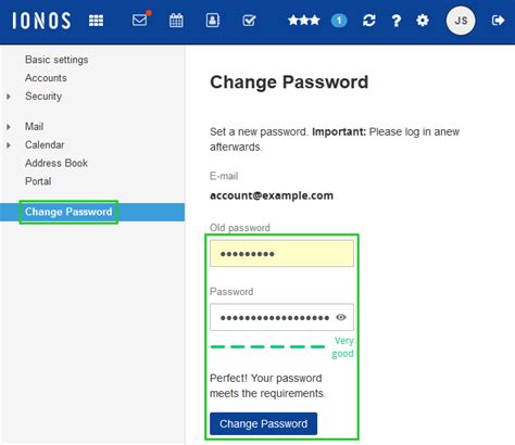 changing  email account password  webmail ionos