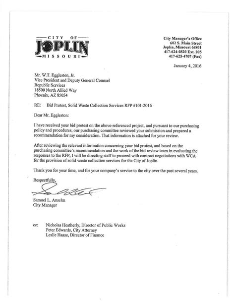 city manager reply  republic  protest letter joplinglobecom