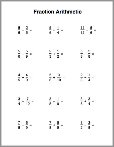 fraction arithmetic practice sheet