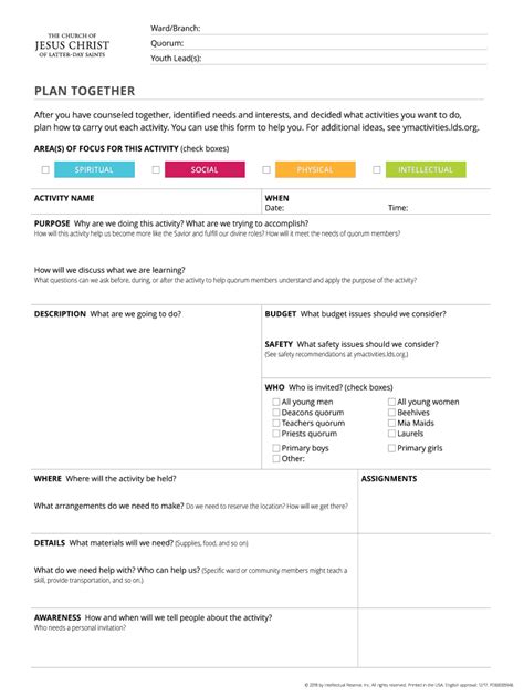 lds youth activity planning sheet fill  printable fillable