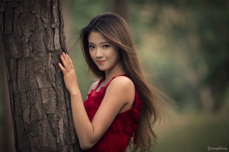 Asian Girl Smile Brunette Long Hair Model Woman Red Dress