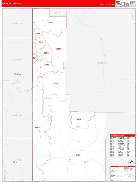 Lincoln County Wy Zip Code Wall Map Red Line Style By Marketmaps