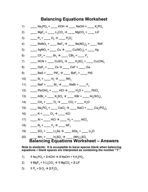 balancing equations worksheet answers  balancing chemical equations