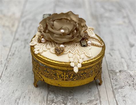 vintage handmade jewelry box gold plated trinket box upcycled wedding box gift