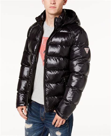 guess synthetic men s hooded puffer coat in black for men lyst