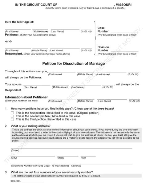 missouri divorce forms  word printable
