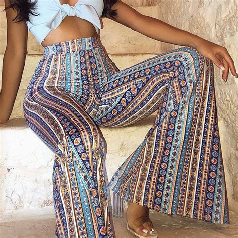 2018 boho women striped printed hippie pants flare pants high elastic