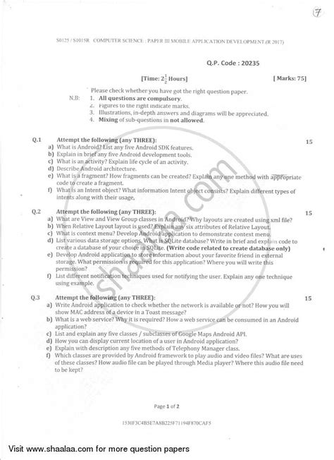 question paper bsc computer science semester  tybsc mobile application development