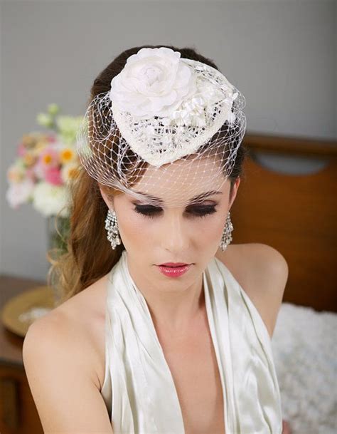 Ivory Lace Bridal Hat Birdcage Veil Hat Wedding Fascinator Etsy