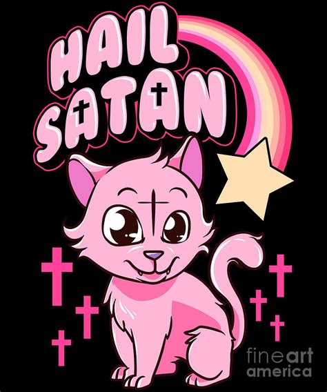 Hail Satan Cat Cute Rainbow Kitty Heavy Metal Pun Digital Art By The