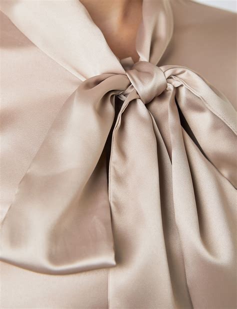 satin women s fitted shirt with pussy bow in taupe hawes and curtis uk