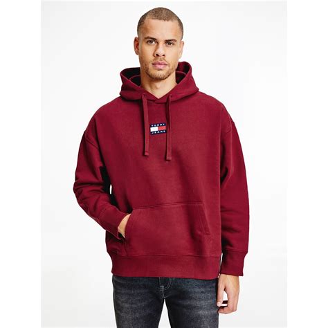 badge organic cotton hoodie burgundy tommy jeans la redoute