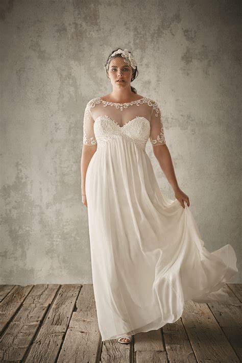 discount fashion plus size wedding dresses with half sleeves sheer jewel neck a line lace