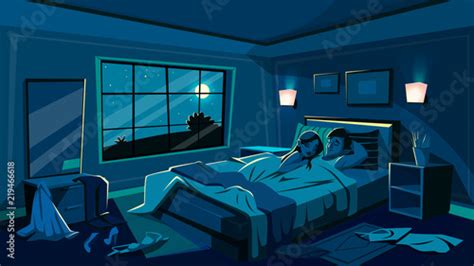 Lovers Sleep In Bed Vector Illustration Of Bedroom In Night With