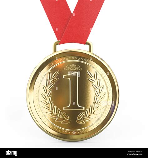 place gold medal  red ribbon isolated  white background
