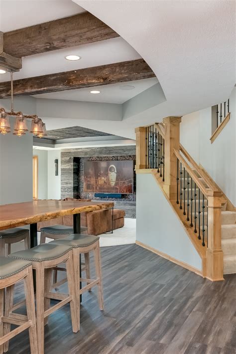 natural wood tone finished basement  spiraling staircase