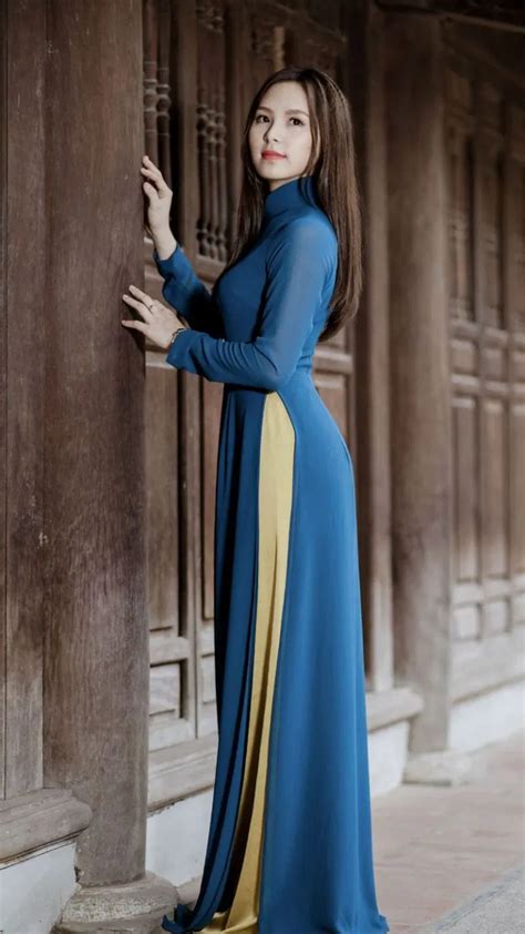 Strong Teal Blue Ao Dai Viet Nam Double Layer Chiffon Long Dress