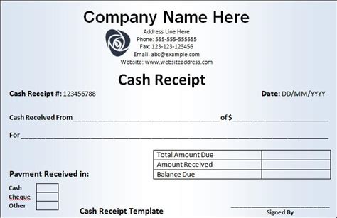 cash receipt template  word templates