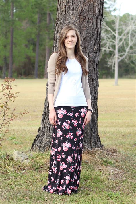 Modest Dressy Casual Outfit Idea Floral Black Maxi Skirt Tan Cardigan