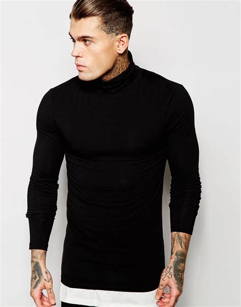asos extreme muscle fit long sleeve  shirt  roll neck black  black  men lyst
