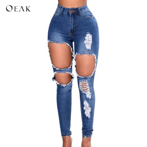 oeak women skinny jeans hole ripped stretch high elastic pencil pants