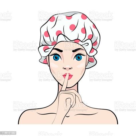 Cartoon Girl In Shower Cap Puts A Finger To Her Lips Vector